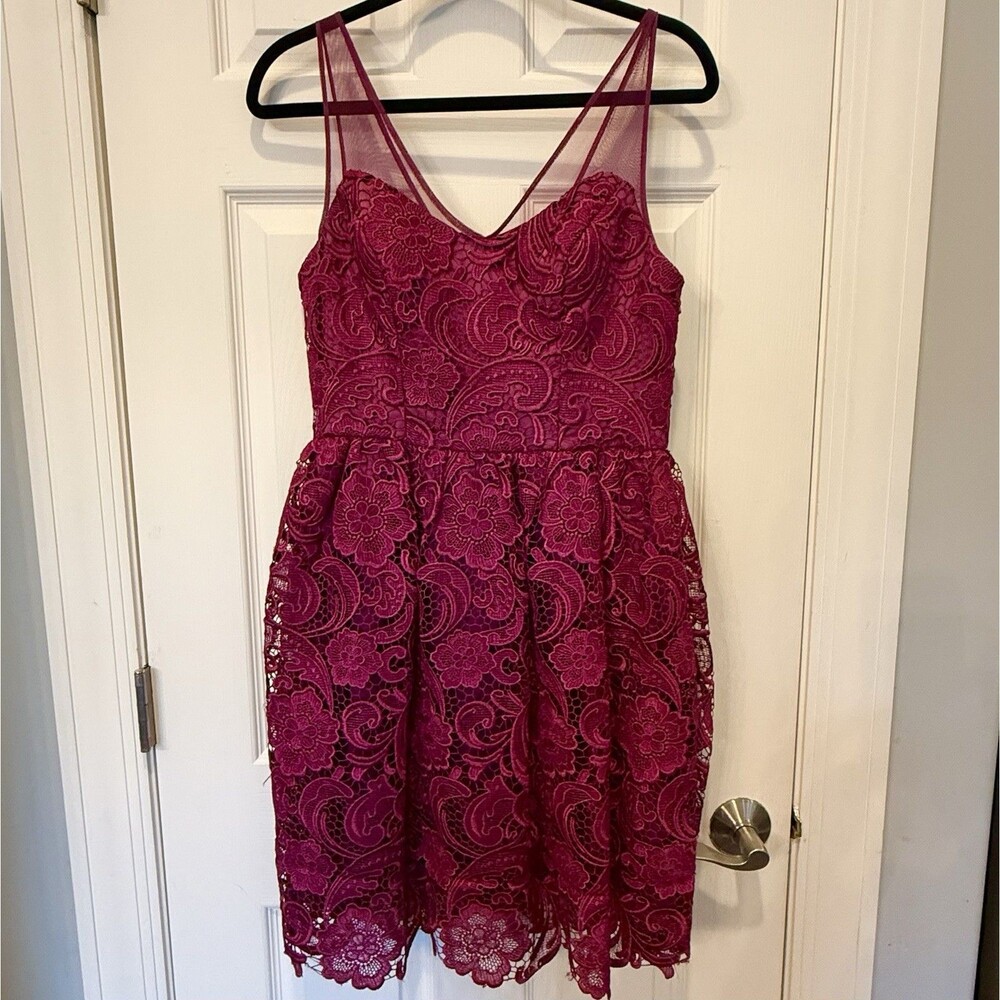 Adrianna Papell Burgundy Lace Floral Cocktail Dress Fit Flare Wedding Guest Sz 6